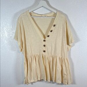 Amaryllis Cream Butter Yellow Slub Cotton Babydoll Top Button Details Size 2X